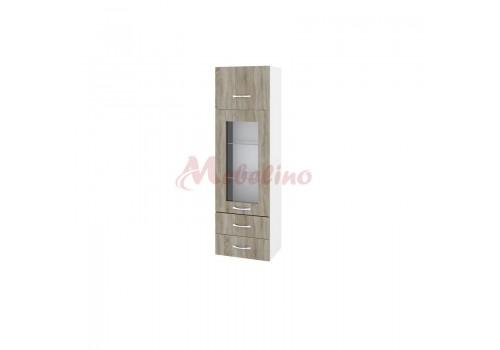 Modul superior BS-101 dulap cu usa ridicatoare,vitrina  si  2 sertare- Stejar dakota - Module City - alb si Sonoma inchis